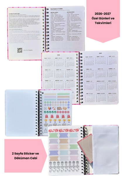 2026 Haftalık Ajandası - El Yapımı, 2 Sayfa Stickerlı, Klasik Pembe modelleri