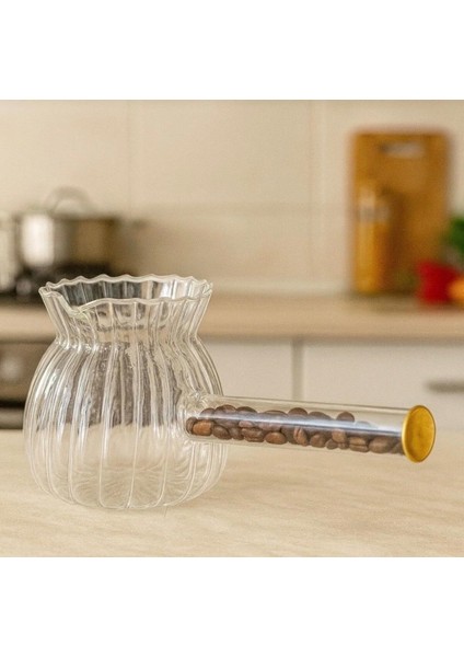 Borosilikat Cam Cezve, Isıya Dayanıklı, Dekoratif Çiçek Saplı, Şeffaf