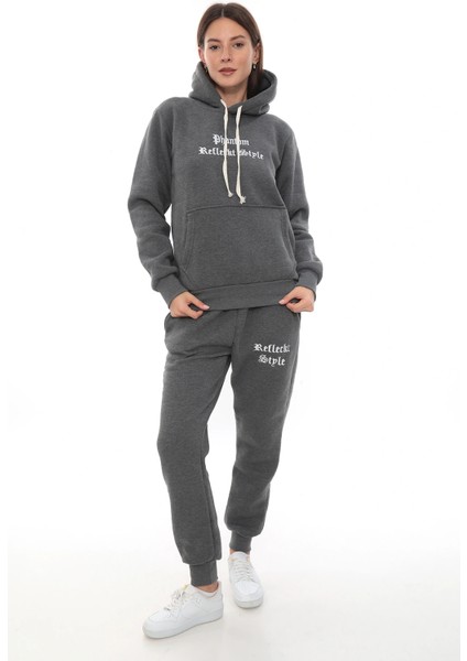 Koyu Gri Polarlı Şık Kadın Eşofman Takımı Paça Lastikli Cepli Kapüşonlu Nakış Detaylı Compact Takım