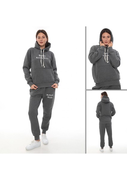 Koyu Gri Polarlı Şık Kadın Eşofman Takımı Paça Lastikli Cepli Kapüşonlu Nakış Detaylı Compact Takım fırsatları