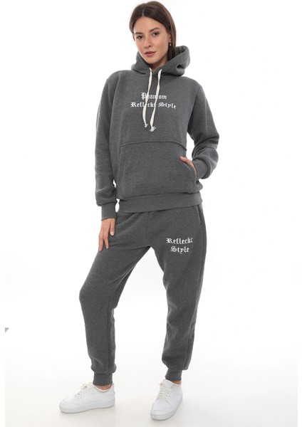 Koyu Gri Polarlı Şık Kadın Eşofman Takımı Paça Lastikli Cepli Kapüşonlu Nakış Detaylı Compact Takım indirimleri