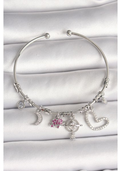 Pirinç Gümüş Renk Sallantı Zirkon Taşlı Gezegen Figür Kalp Detay Charm Kadın Bileklik - TJ-BB6899 modelleri