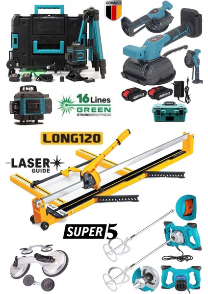 MH120L Dev Seri 120CM Seramik Kesme + Boya Karıştırıc Mikser + Tripotlu 16 Çizgi Lazer + Vantuz Seti