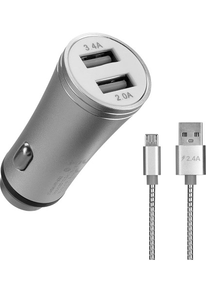 HY-X62 3.4A Hızlı Şarj Micro USB Kablolu 2 USB Metal Araç Şarj Cihazı, Gümüş