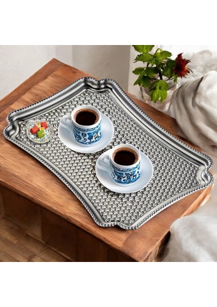 Adet Paslanmaz Çelik Dekoratif Servis Tepsisi, Çelik Tepsi, 28X19 Cm, Gümüş Renk, Kahve Çay Sunum Söz Nişan Tepsi