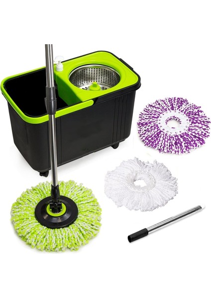 79117 Tekrar Doldurma, Paspas ve Yedeklerle Döner Paspas Temizleme Seti, Siyah/yeşil