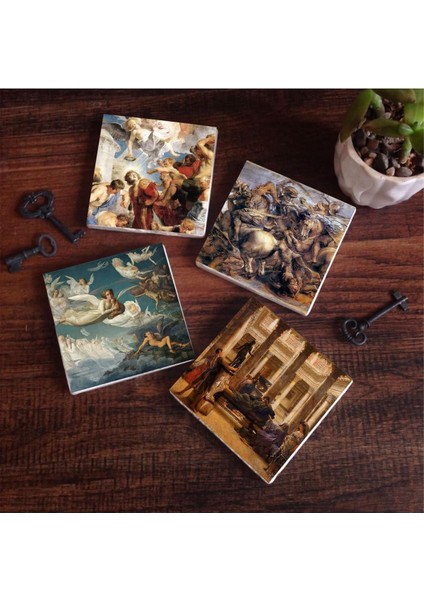 Bir Roma Sanat Aşığı, Ruhların Geçişi, Anghiari Savaşı, Aziz Üçlemesi Taş Altlığı Seti - 4 Parça - Dekoratif, Mutfak Aksesuarı, 10X10 Cm, Kaydırmaz Tabanlı SC116