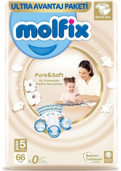 Molfix Bebek Bezi Pure&soft Junior 5 Beden Aylık Paket 66 Adet