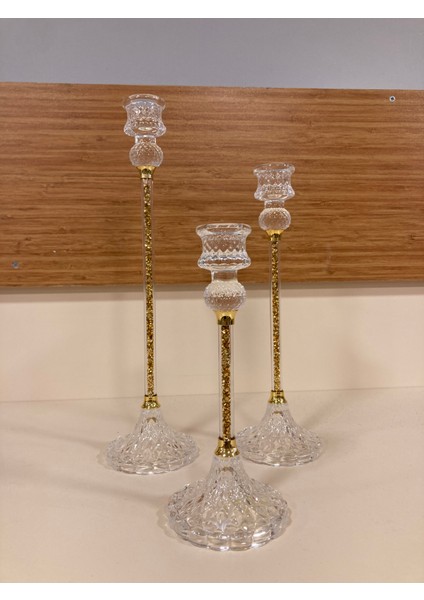 Şamdan Mumluk 3'lü Kristal Yeni Model Altın Yükseklik 31-26-20-Cm