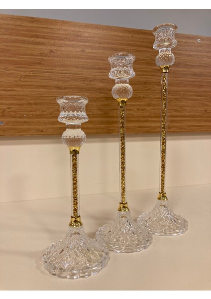 Şamdan Mumluk 3'lü Kristal Yeni Model Altın Yükseklik 31-26-20-Cm fırsatları