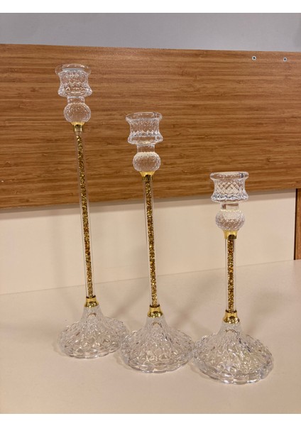 Şamdan Mumluk 3'lü Kristal Yeni Model Altın Yükseklik 31-26-20-Cm indirimleri