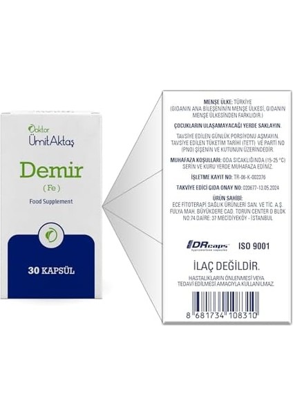 Dr. Ümit Aktaş Demir Yüksek Biyoyararlanım 30 Kapsül fiyatları