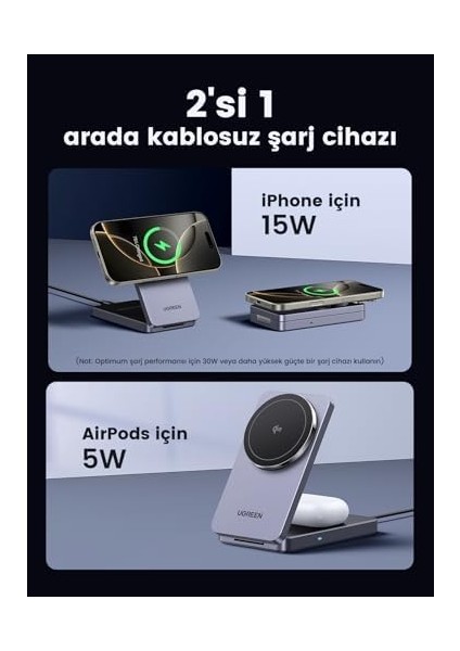 Ugreen Magflow Qi2 Sertifikalı 15W Şarj Istasyonu, Magsafe ile Uyumlu 2'si 1 Arada Manyetik Şarj Istasyonu, 16,16 Pro,16 Pro Max,15,14,13,airpods Için Katlanabilir Kablosuz Şarj Cihazı modelleri