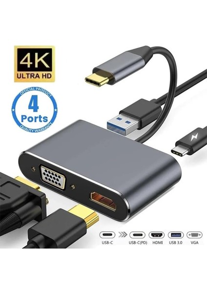 4in1 USB C HDMI VGA Adaptörü, USB C Hub, 4K Hdmı, 1080P Vga, USB 3.0, USB C Pd Şarj, MacBook Pro/air/ipad Pro 2018 / Xps/ Uyumlu modelleri