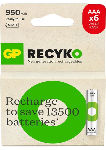 Gp Batteries Recyko 950MAH Aaa Ince Kalem Ni-Mh Şarjlı Pil, 1.2 Volt, 6'lı Kart