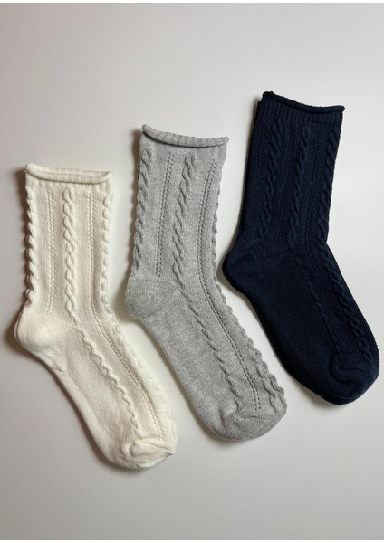 Pamuklu Yumuşak Dokulu Örgü Detaylı Çocuk Çorabı 3'lü Set (11-12 Yaş)