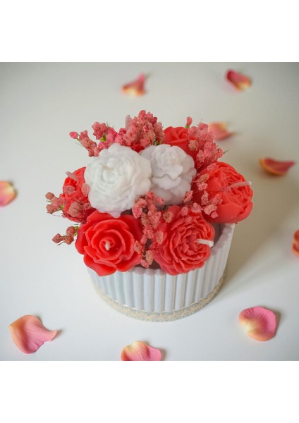 Küçük Boy Kırmızı–beyaz Çiçek Buketi Kokulu Vazo Mum – %100 Soya Wax – El Yapımı