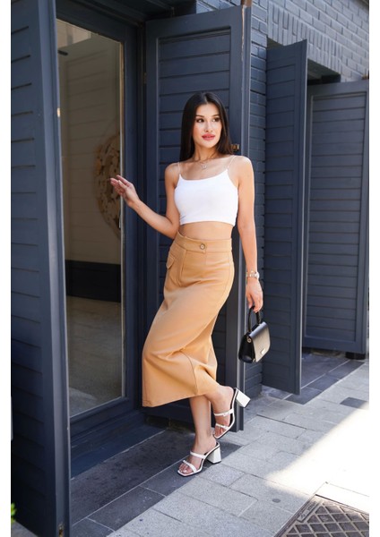 Uzun Düğmeli Bej Etek modelleri