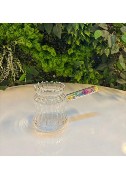 Borosilikat Cam Cezve, Isıya Dayanıklı, Dekoratif Çiçek Saplı, Şeffaf