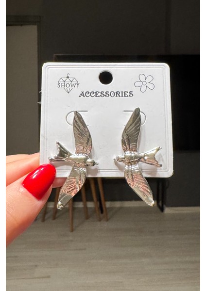 Kadın Gümüş Renk Kanatlı Kuş Küpe