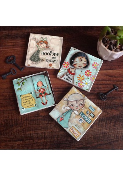 Mutlu Kız Taş Altlığı Seti - 4 Parça - Dekoratif, Mutfak Aksesuarı, 10X10 Cm, Kaydırmaz Tabanlı, Şık ve Dayanıklı SC147