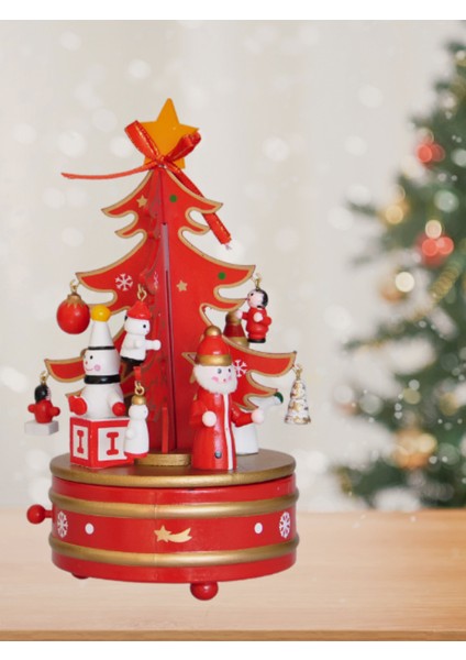 Yılbaşı Ahşap Dekoru Müzik Kutlu Ahşap Yılbaşı Ağacı Kırmızı
