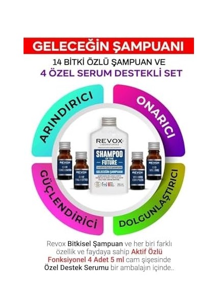 Revox Bitkisel Şampuan ve Aktif Özlü 4 Adet Özel Destek Serumu Saç Bakım Seti Geleceğin Şampuanı fiyatları
