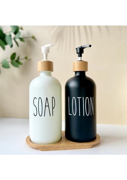 2'li Cam Sıvı Sabunluk ve Losyonluk Seti - Bambu Kapaklı ve Altlıklı - 500ML Siyah & Beyaz Pompalı Şişe - Mutfak ve Için Deterjanlık ve Sabunluk - Modern Şık Tasarım fiyatları
