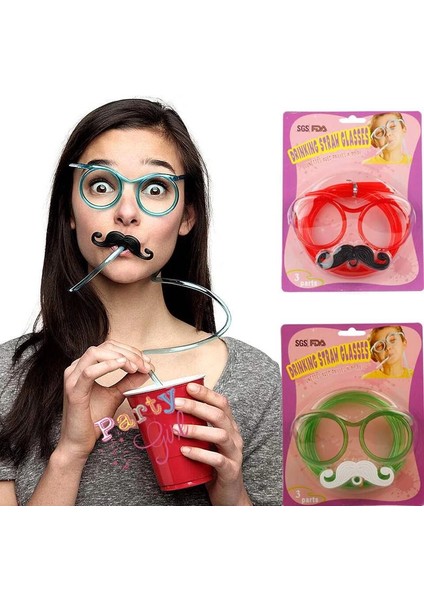 Bfs Pipetli Parti Gözlüğü - Çocuk ve Yetişkin Bıyıklı Pipet Gözlük Yeşil Renk 18X14 cm