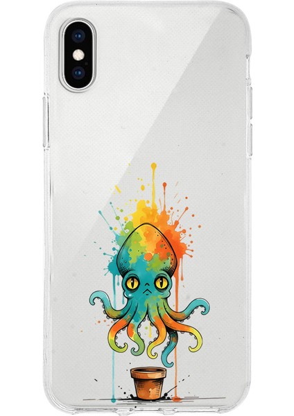 iPhone x ile Uyumlu Splash Ahtapot Tasarımlı Slimfit Şeffaf Silikon Kılıf
