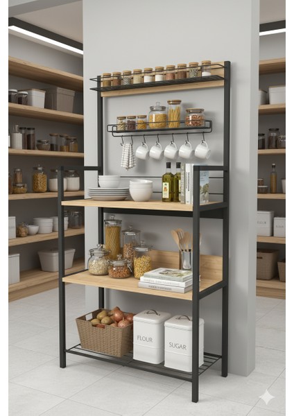 Tridihome Mutfak Rafı Kiler Düzenleyici Tel Sepetli 4 Katlı Metal Ahşap Çok Amaçlı Raf Ünitesi