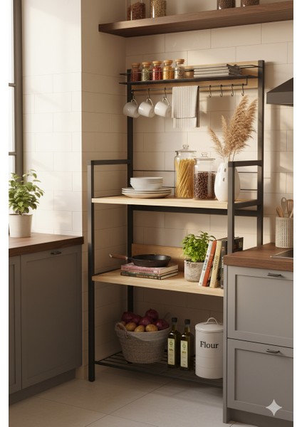 Tridihome Mutfak Rafı Kiler Düzenleyici Tel Sepetli 4 Katlı Metal Ahşap Çok Amaçlı Raf Ünitesi