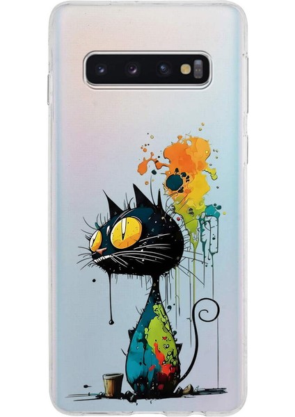 Samsung Galaxy S10 ile Uyumlu Splash Kedi Tasarımlı Slimfit Şeffaf Silikon Kılıf