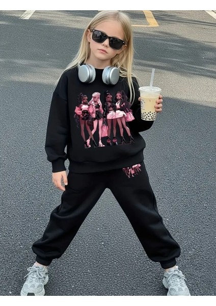 Özel Tasarım Pop Star Kızlar Baskılı 3 Iplik Kalın Kışlık Alt Üst Kız Çocuk Eşofman Takımı