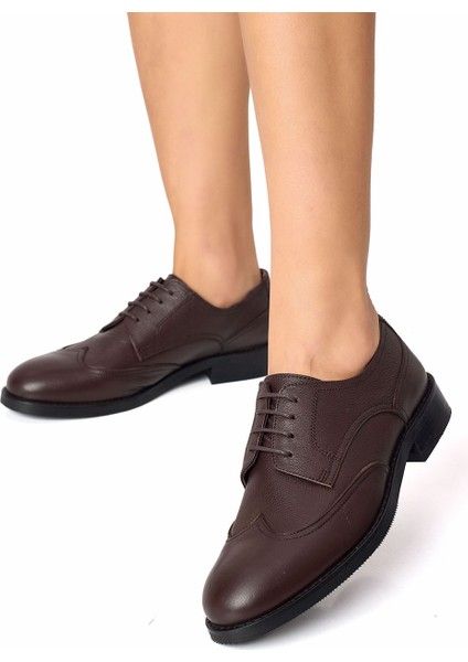 Kadın Hakiki Deri El Yapımı Kahverengi Maskülen Stil Dokulu Günlük Ayakkabı
