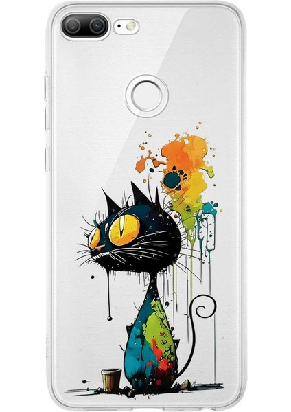 Honor 9 Lite ile Uyumlu Splash Kedi Tasarımlı Şeffaf Silikon Kılıf