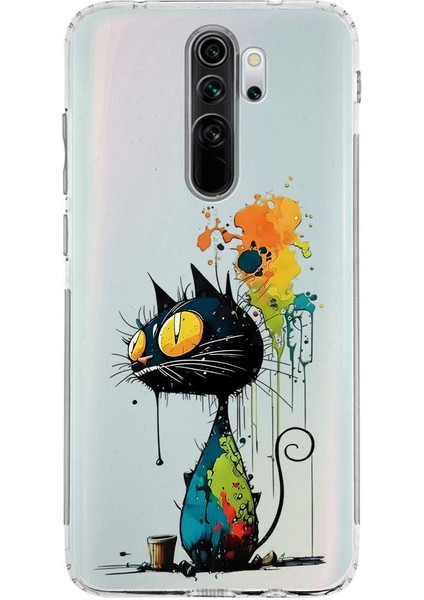Redmi Note 8 Pro ile Uyumlu Splash Kedi Tasarımlı Şeffaf Silikon Kılıf
