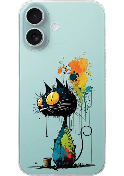 iPhone 16 ile Uyumlu Splash Kedi Tasarımlı Şeffaf Silikon Kılıf