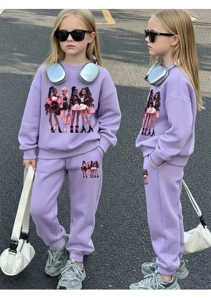 Özel Tasarım Pop Star Kızlar Baskılı 3 Iplik Kalın Kışlık Alt Üst Kız Çocuk Eşofman Takımı