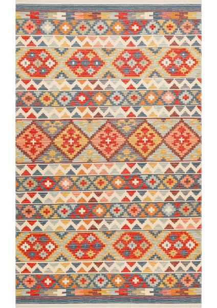 Ürgüp 02 Aqua %100 Pamuk ile Üretilen Etnik Desenlere Sahip Yıkanabilir Çift Taraflı Ince Yıkanabilir Kilim