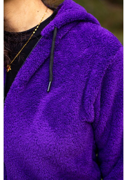 Kadın Mor Peluş Kalın Fermuarlı Kapüşonlu Cepli Ceket 23KCKTMY50