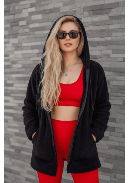 Kadın Siyah Peluş Kalın Fermuarlı Kapüşonlu Cepli Ceket 23KCKTMY50