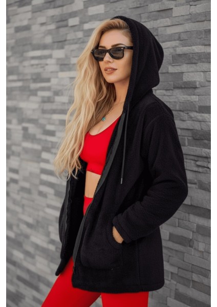 Kadın Siyah Peluş Kalın Fermuarlı Kapüşonlu Cepli Ceket 23KCKTMY50