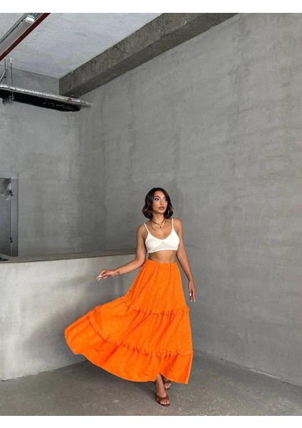 Fırfırlı Brodeli Astarlı Uzun Etek Turuncu modelleri