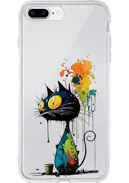 iPhone 7 Plus ile Uyumlu Splash Kedi Tasarımlı Slimfit Şeffaf Silikon Kılıf