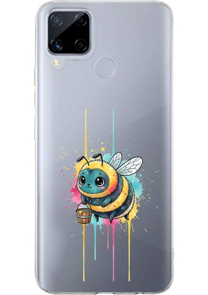 Realme C15 ile Uyumlu Splash Arı Tasarımlı Slimfit Şeffaf Silikon Kılıf