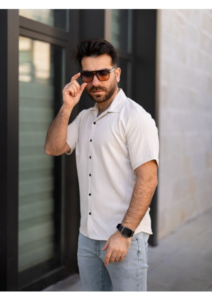 Keten Gömlek Kısa Kol Ekru Renk