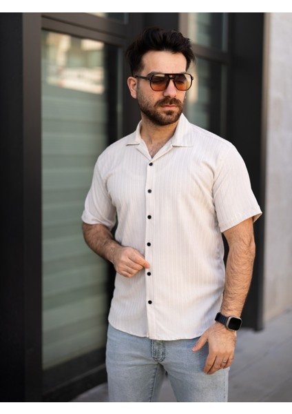 Keten Gömlek Kısa Kol Ekru Renk modelleri