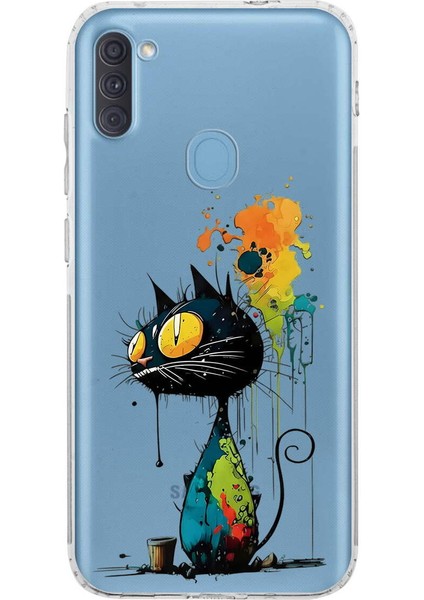Samsung Galaxy A11 ile Uyumlu Splash Kedi Tasarımlı Şeffaf Silikon Kılıf