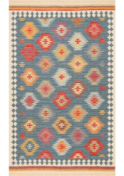 Ürgüp 04 Navy %100 Pamuk ile Üretilen Etnik Desenlere Sahip Yıkanabilir Çift Taraflı Ince Yıkanabilir Kilim